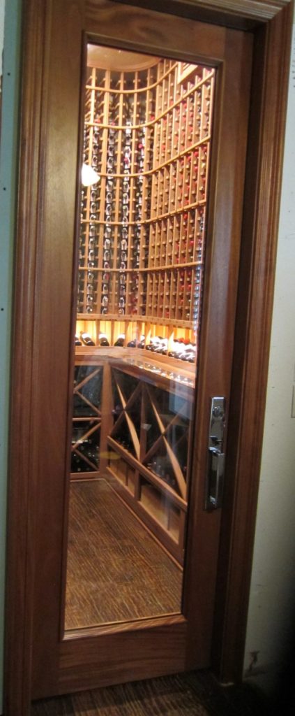 Square Top Barolo Custom Wine Cellar Door in Mahogany Designed by Experts in Dallas-Fort Worth